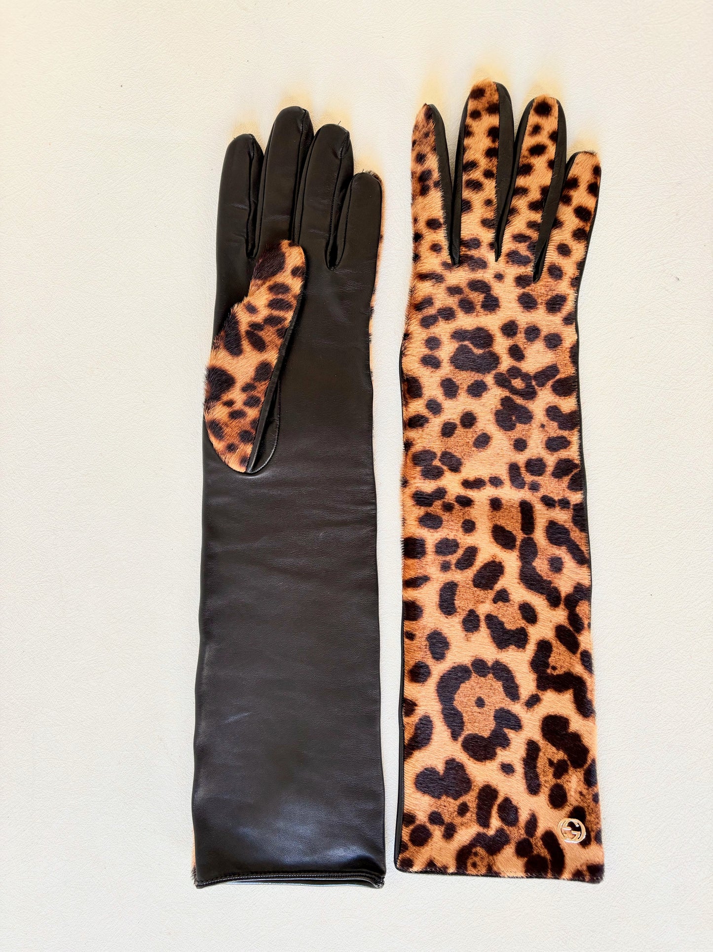 GUCCI Gants cuir et poulain léopard