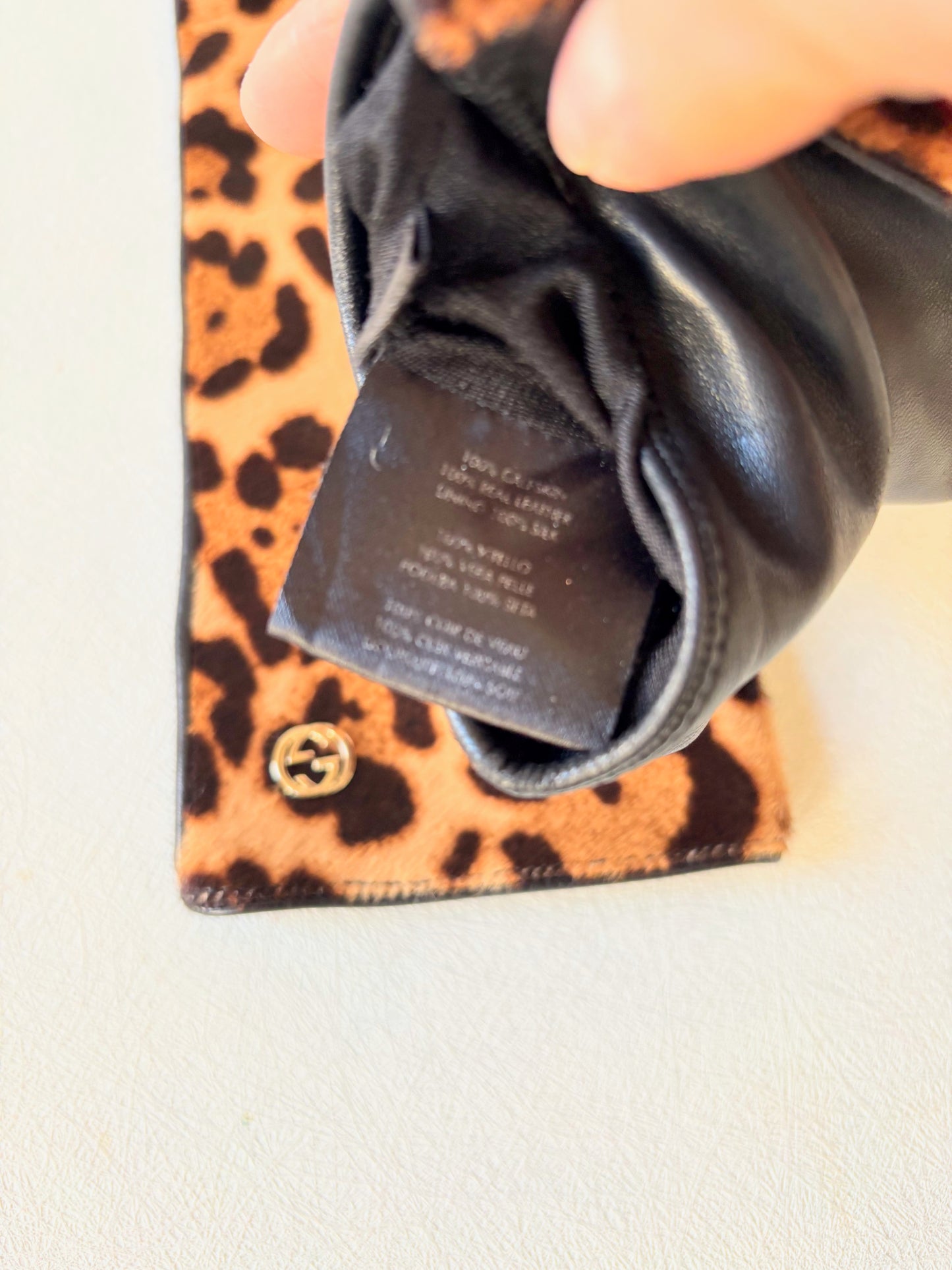 GUCCI Gants cuir et poulain léopard
