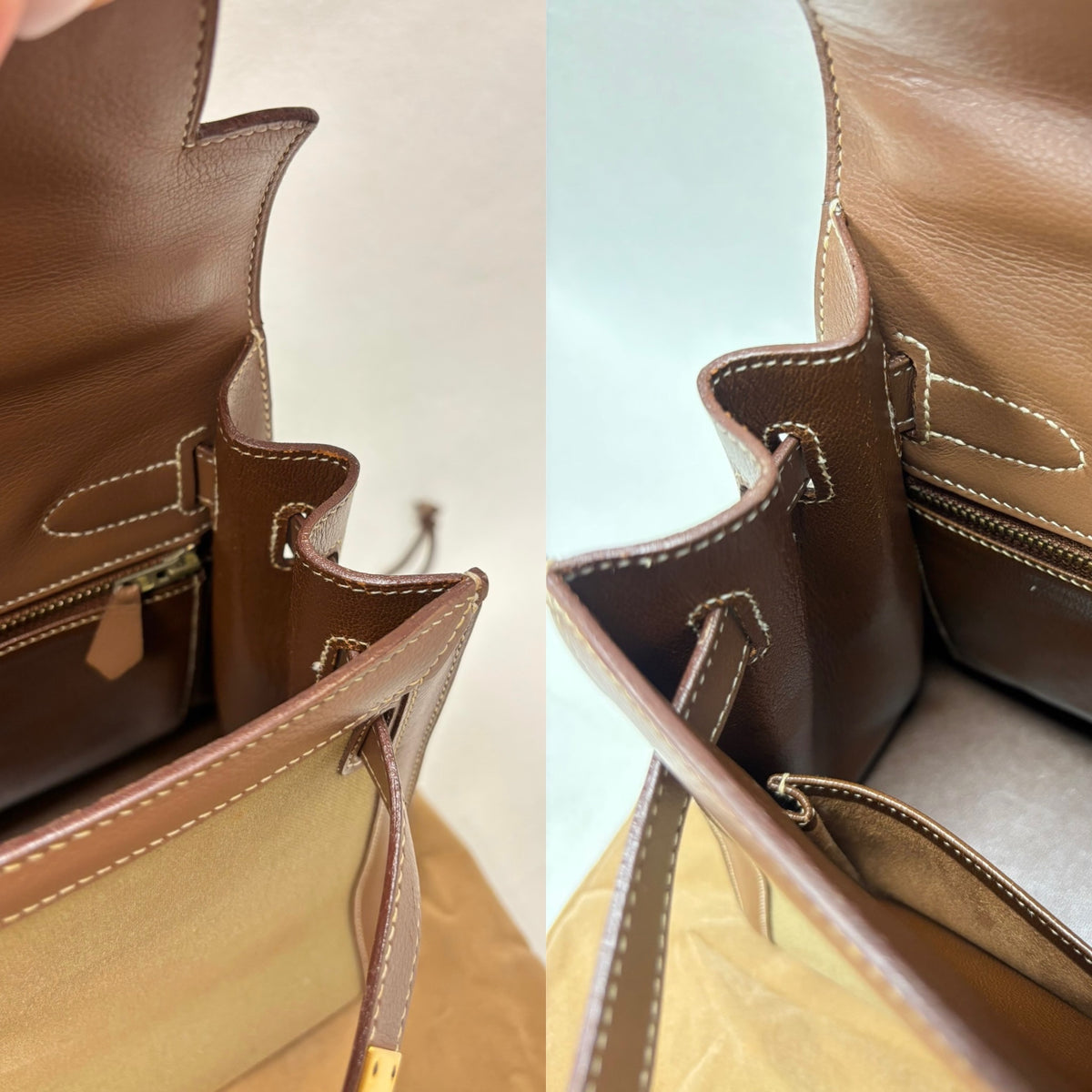 HERMÈS Sac Kelly Sellier 32 Toile Khaki and Box