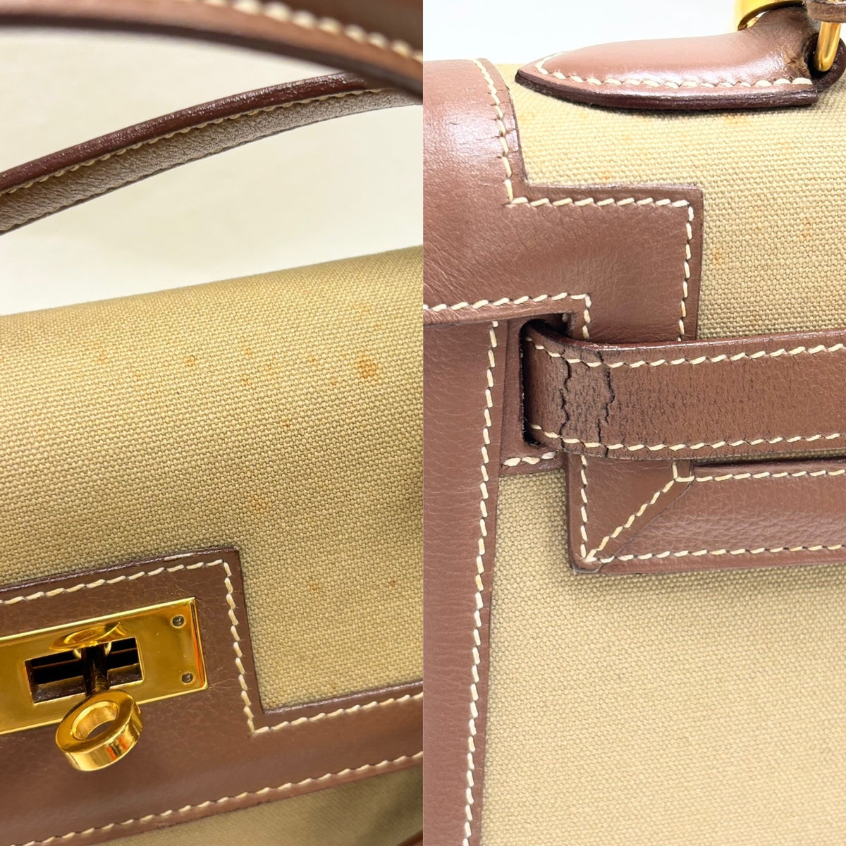 HERMÈS Sac Kelly Sellier 32 Toile Khaki and Box