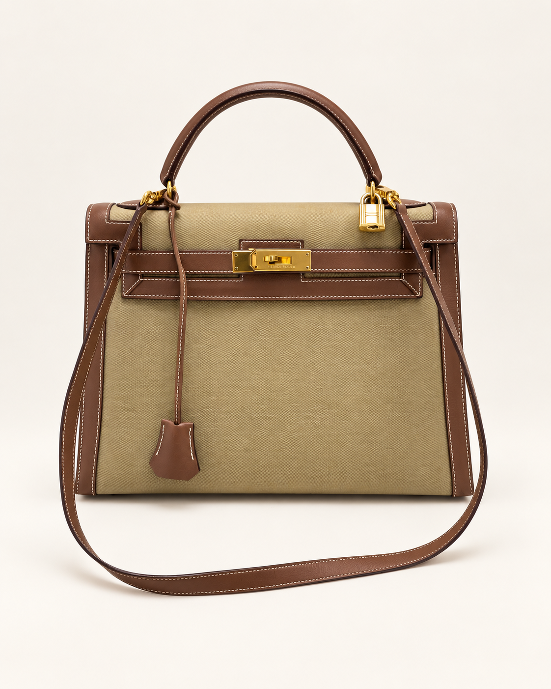 HERMÈS Sac Kelly Sellier 32 Toile Khaki and Box