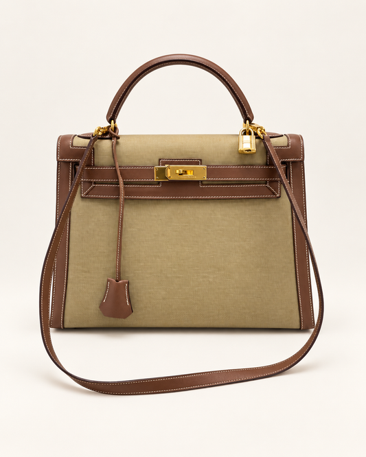 HERMÈS Sac Kelly Sellier 32 Toile Khaki and Box