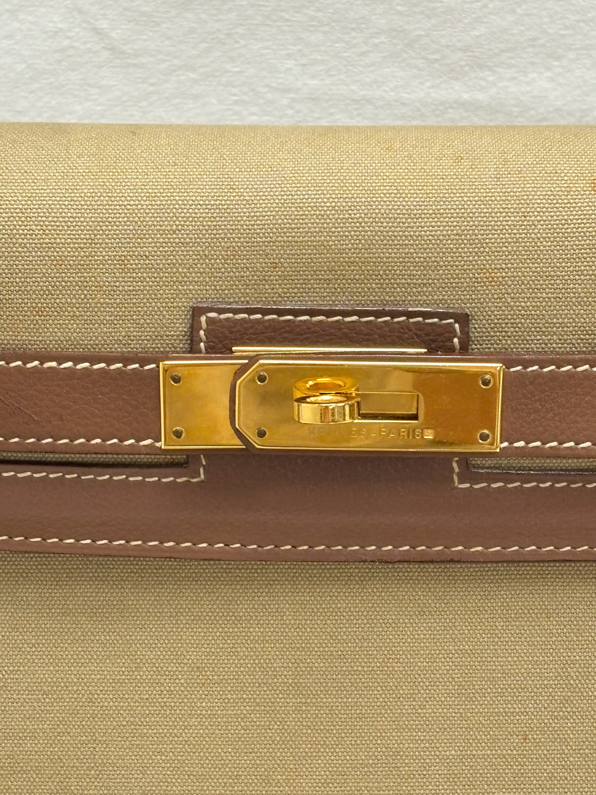HERMÈS Sac Kelly Sellier 32 Toile Khaki and Box
