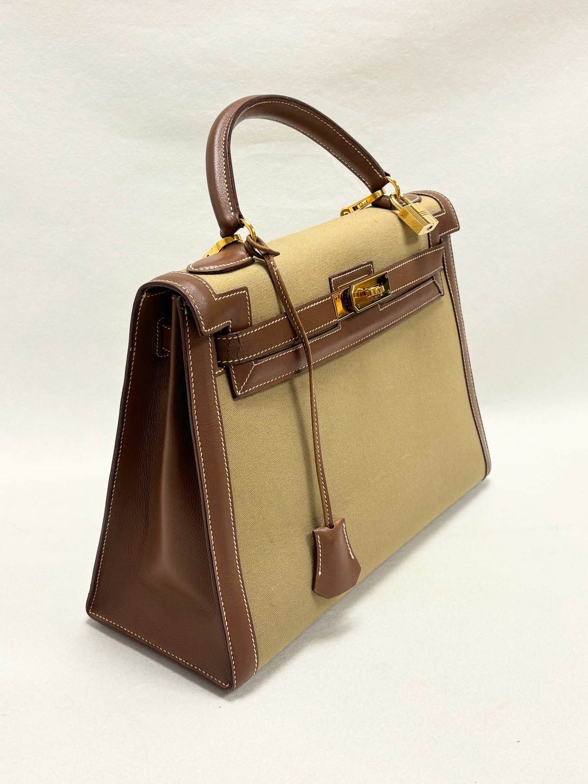 HERMÈS Sac Kelly Sellier 32 Toile Khaki and Box