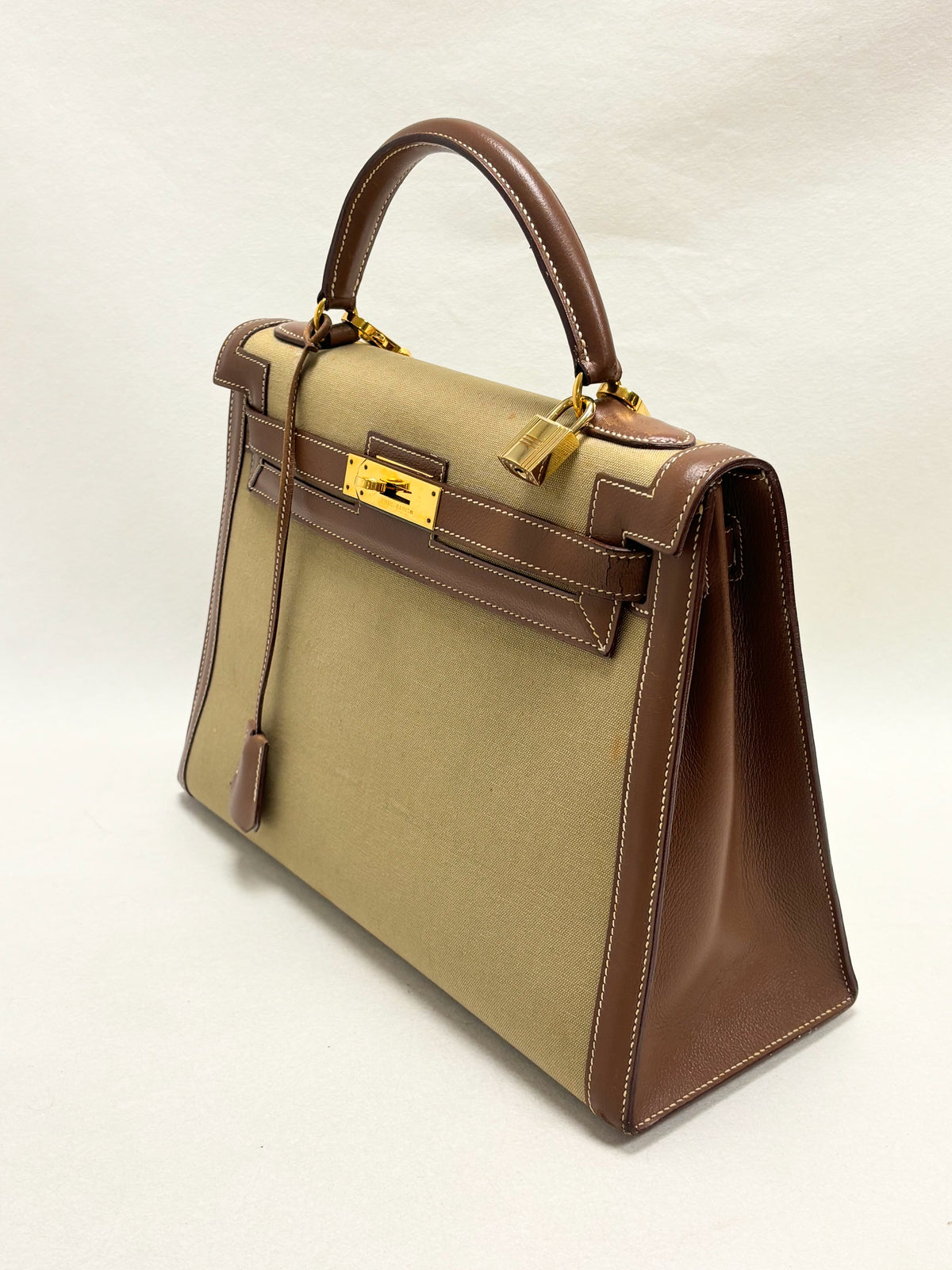HERMÈS Sac Kelly Sellier 32 Toile Khaki and Box