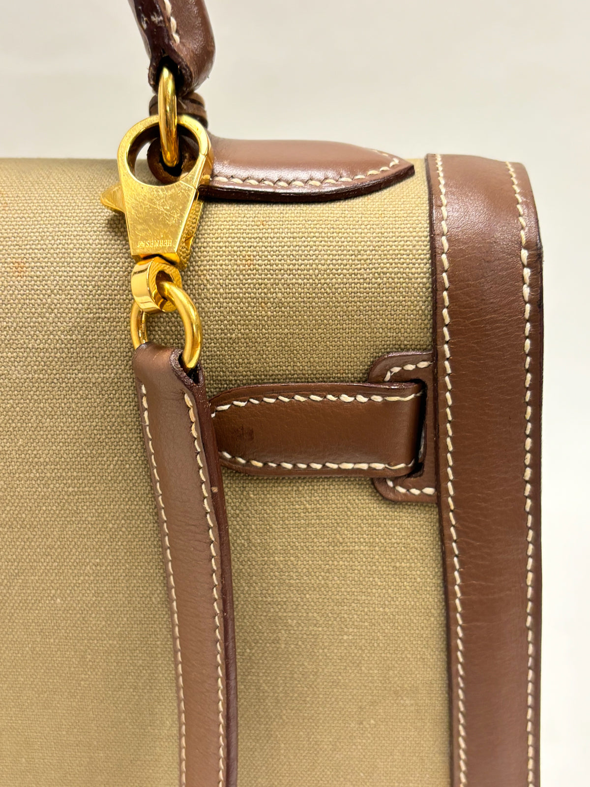 HERMÈS Sac Kelly Sellier 32 Toile Khaki and Box