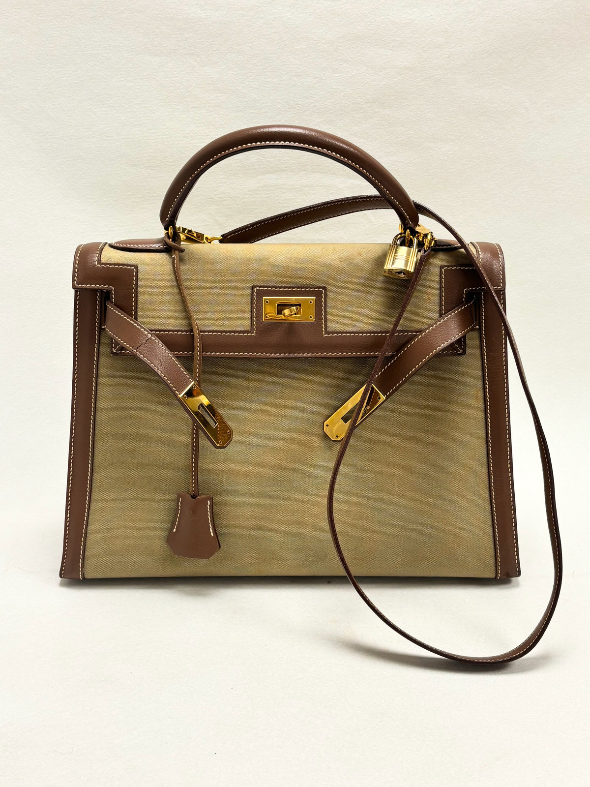 HERMÈS Sac Kelly Sellier 32 Toile Khaki and Box