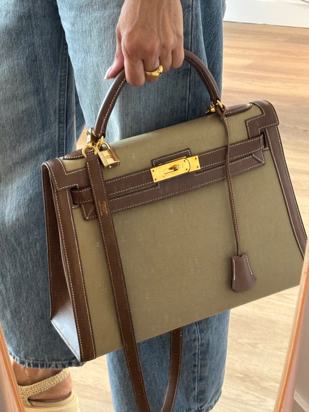 HERMÈS Sac Kelly Sellier 32 Toile Khaki and Box
