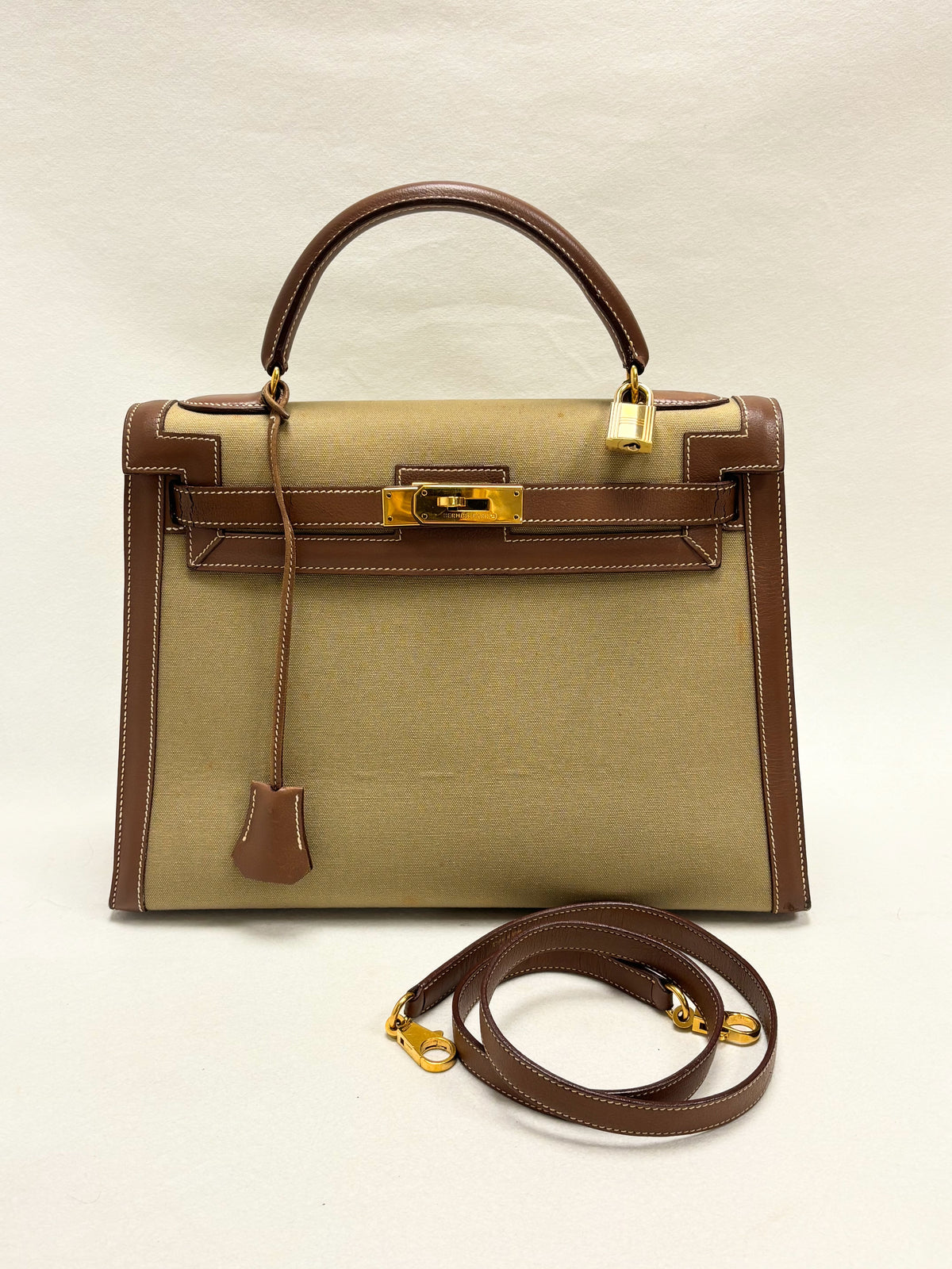 HERMÈS Sac Kelly Sellier 32 Toile Khaki and Box