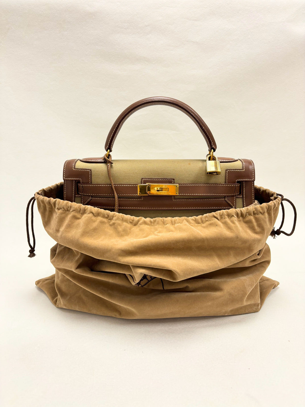 HERMÈS Sac Kelly Sellier 32 Toile Khaki and Box