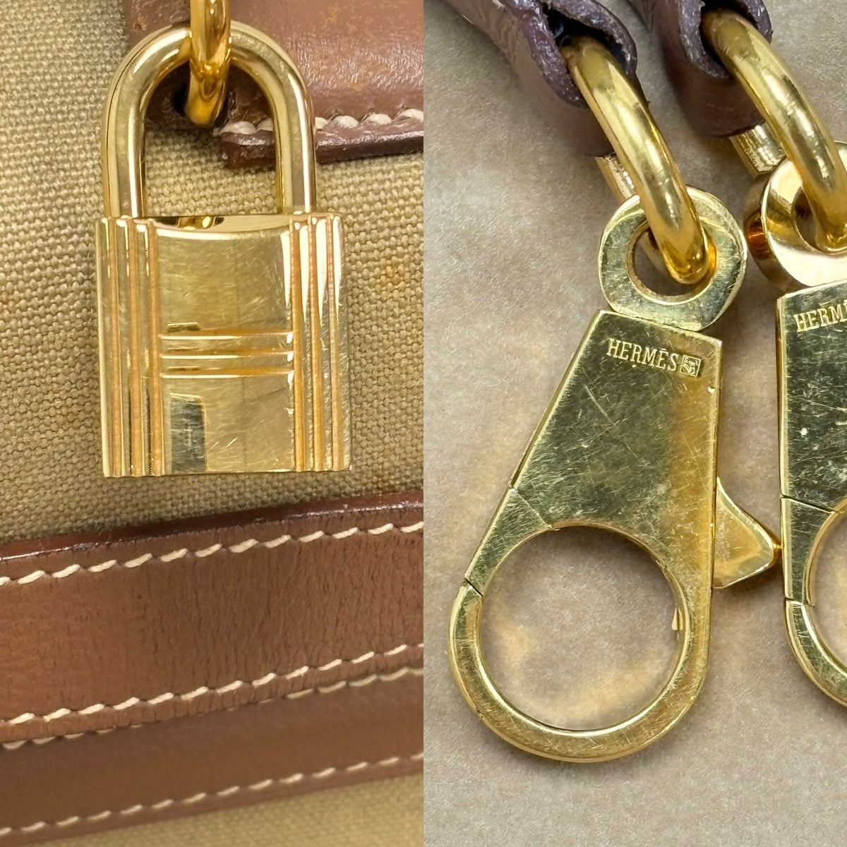 HERMÈS Sac Kelly Sellier 32 Toile Khaki and Box