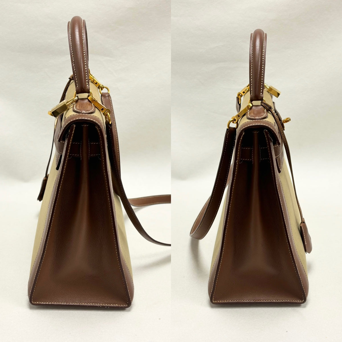 HERMÈS Sac Kelly Sellier 32 Toile Khaki and Box