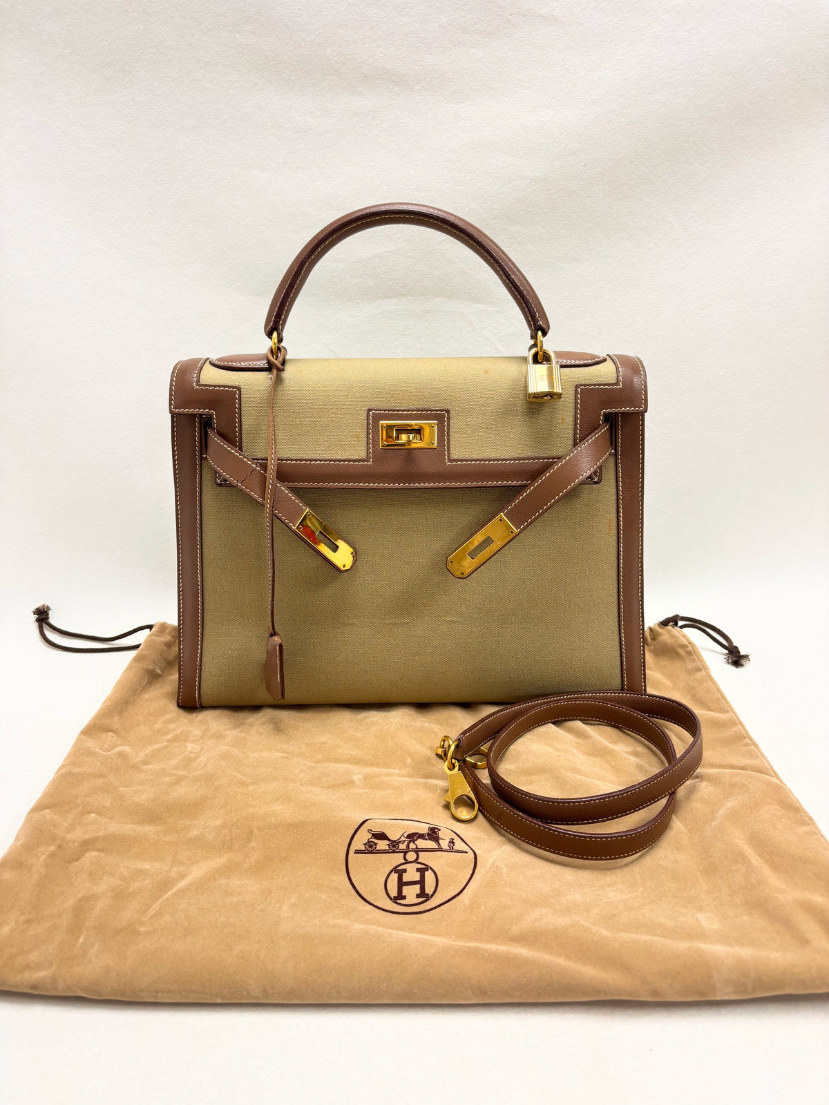HERMÈS Sac Kelly Sellier 32 Toile Khaki and Box